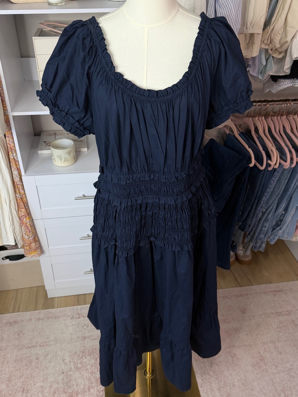 Time and Tru Navy Smocked Puff Sleeve Midi Dress